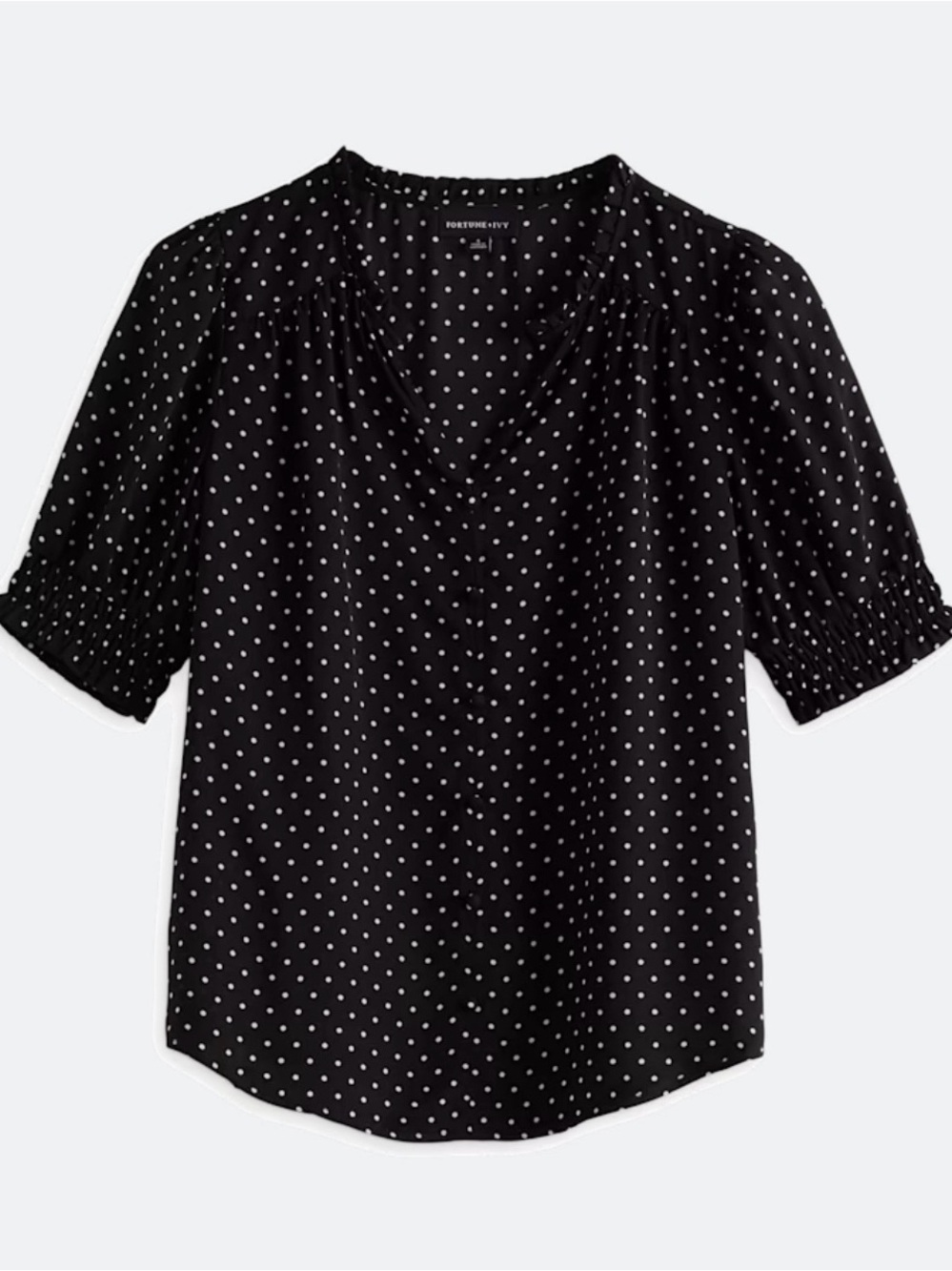 Fortune + Ivy Black Polka Dot Smocked Sleeve V-Neck Top